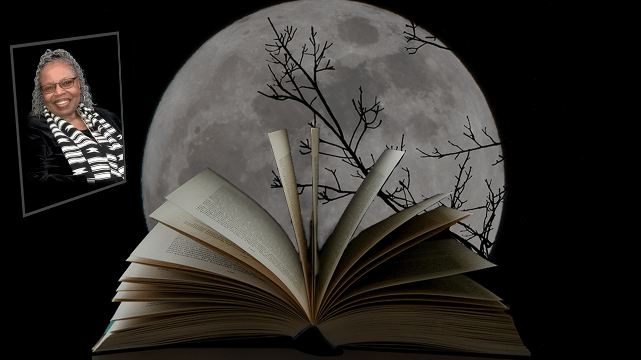 Celestine Bloomfield's picture over a ghost story book and spooky moon.