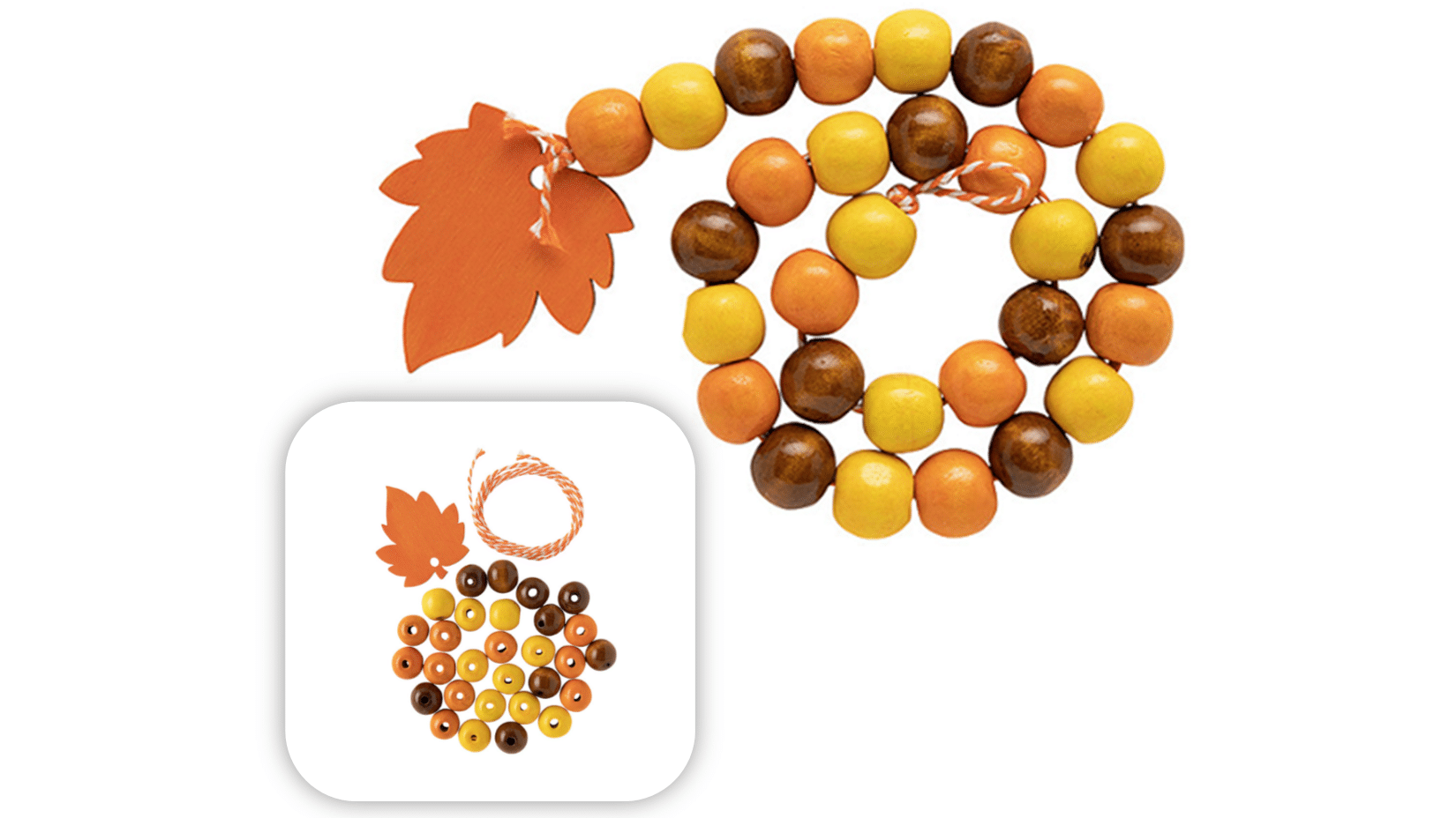 Orange, yellow, and brown wood beads strung on a string with a leaf on the end to create a fall wreath take & make for adults.