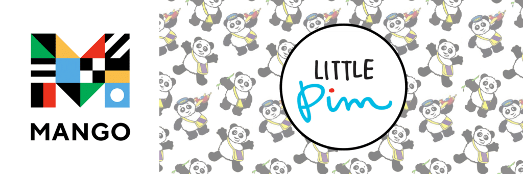 Pattern of drawn panda bears in background with "Little Pim" logo featured in a circle. Mango logo on the left side.