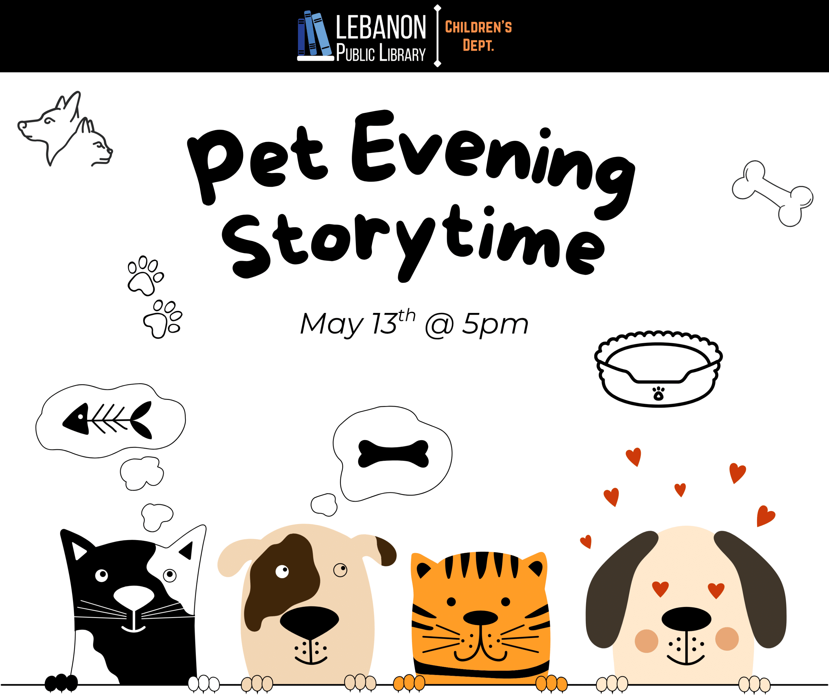 Pets Evening Storytime, May13th at 5pm