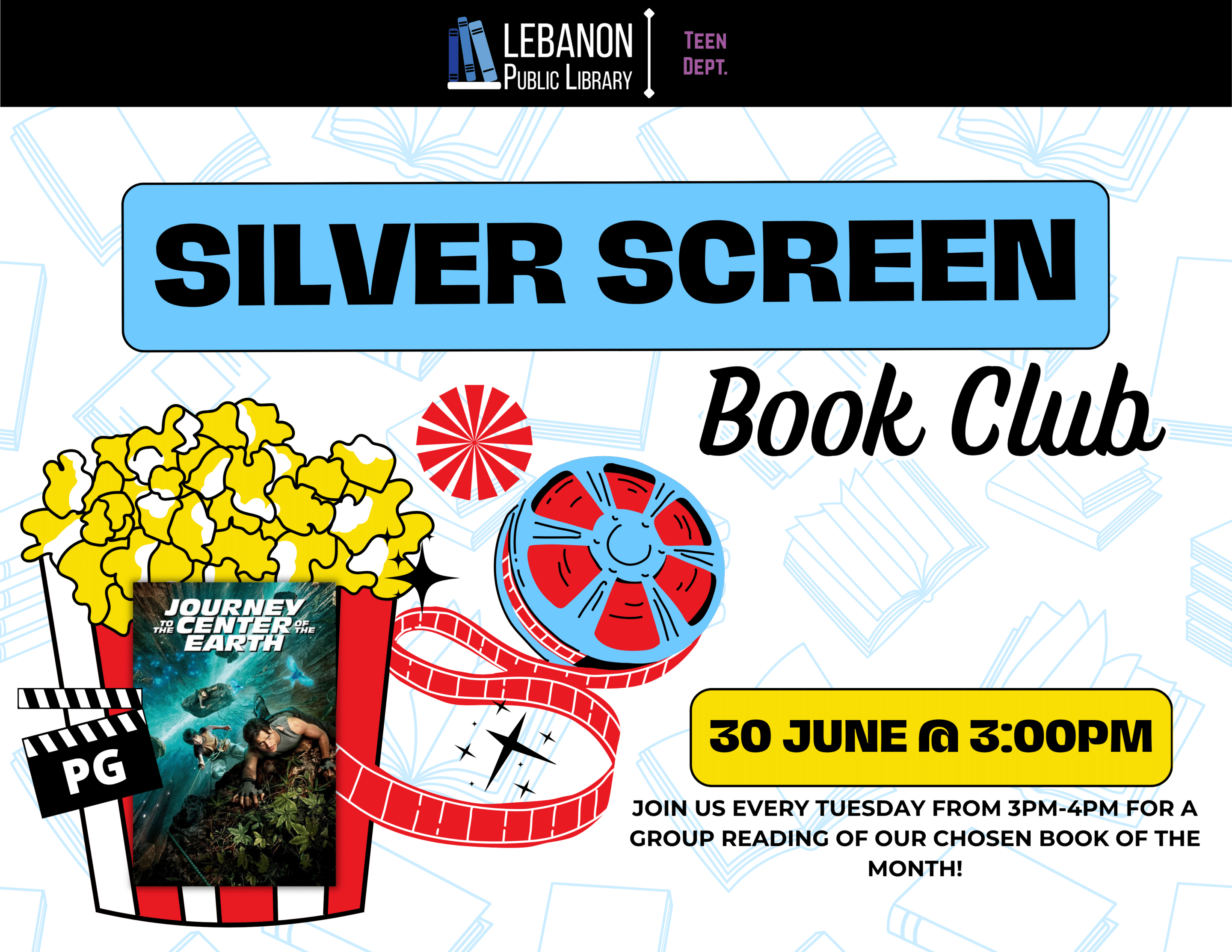 Silver Screen Book Club; June 30 at 3pm; Join us every Tuesday from 3PM-4PM for a group reading of our chosen book of the month; Journey to the Center of the Earth, rated PG