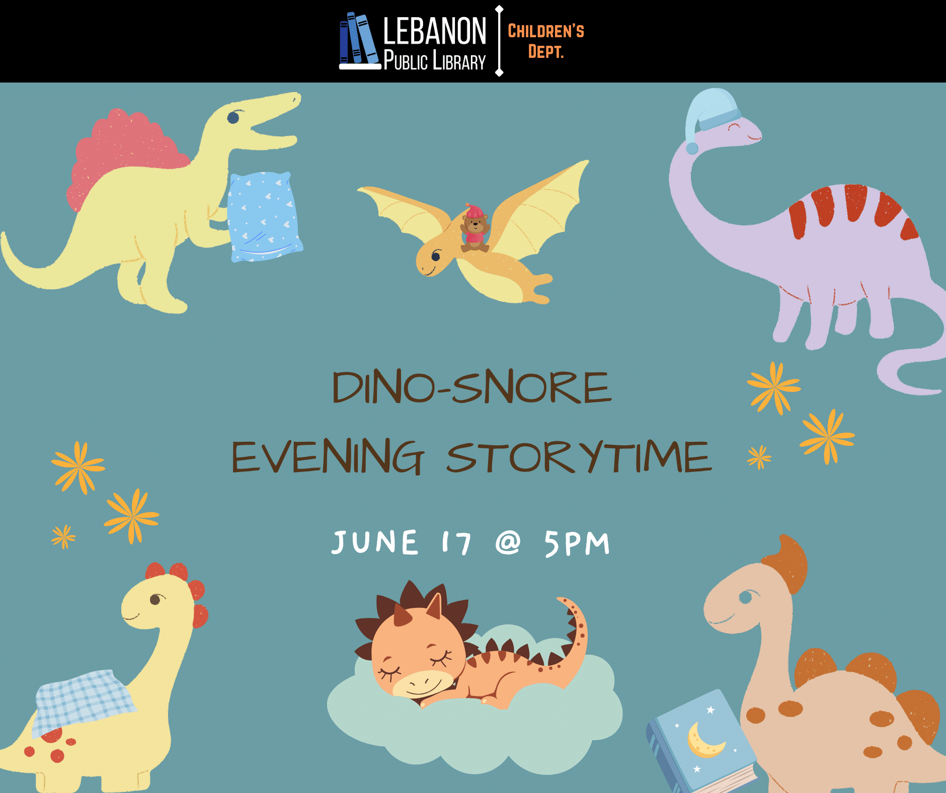 Dino-Snore Evening Storytime; June 17 at 5pm