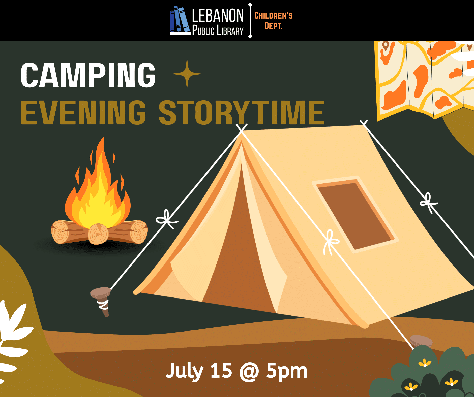 Camping Evening Storytime; July 15 at 5pm