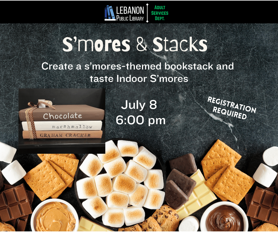 marshmallows, graham crackers, chocolate, bookstack