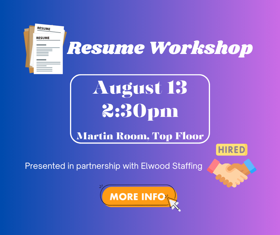 Resume Workshop, August 13, 2:30 pm, Martin Room - Top Floor