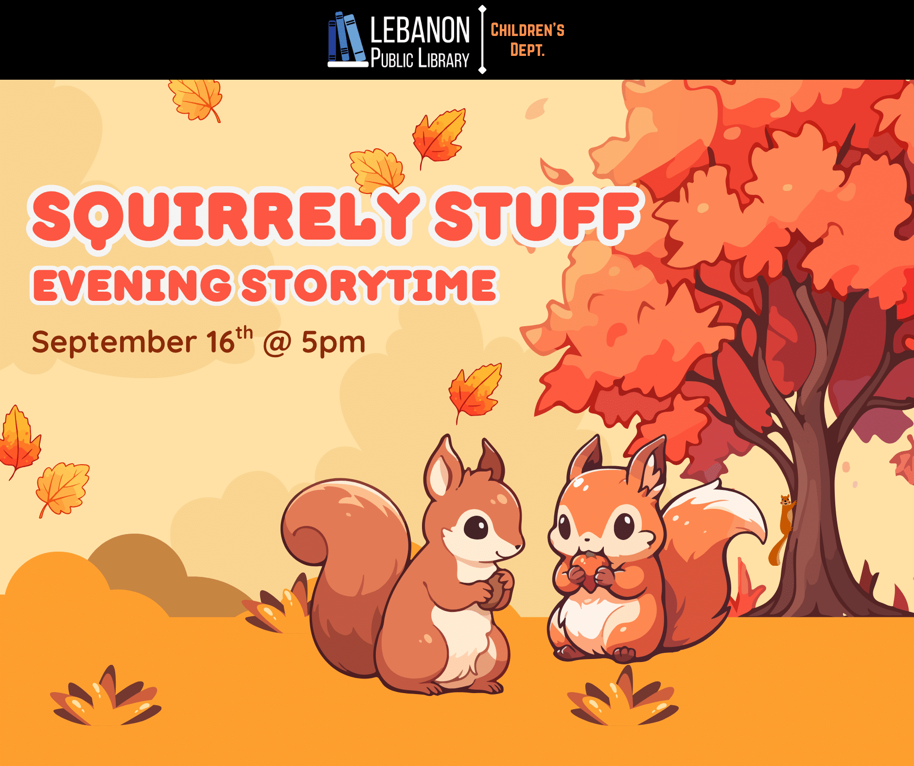 Squirrely Stuff Evening Storytime; September 16th at 5pm
