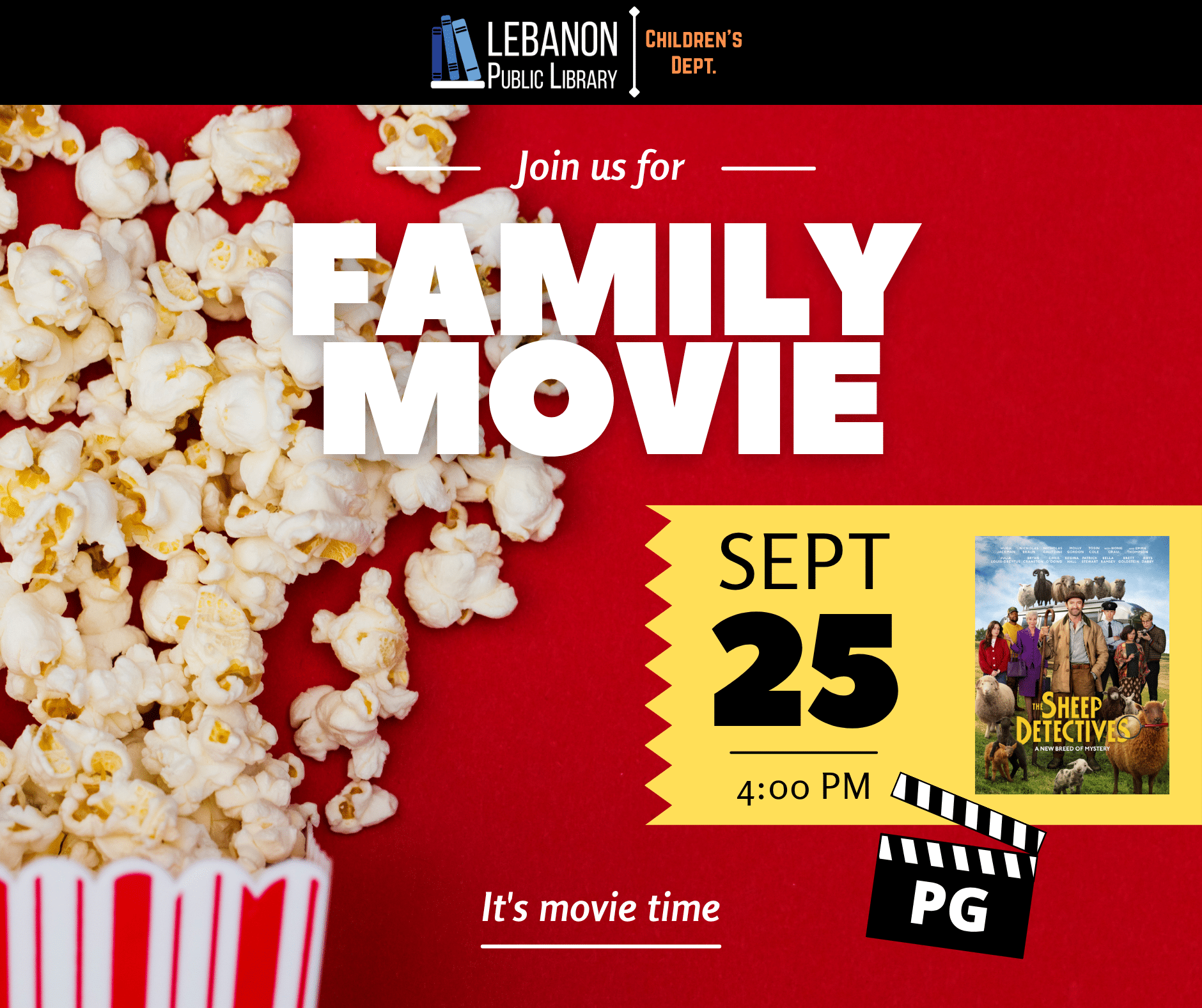 Join us for a Family Movie; September 25th at 4pm; The Sheep Detectives; rated PG; it's movie time