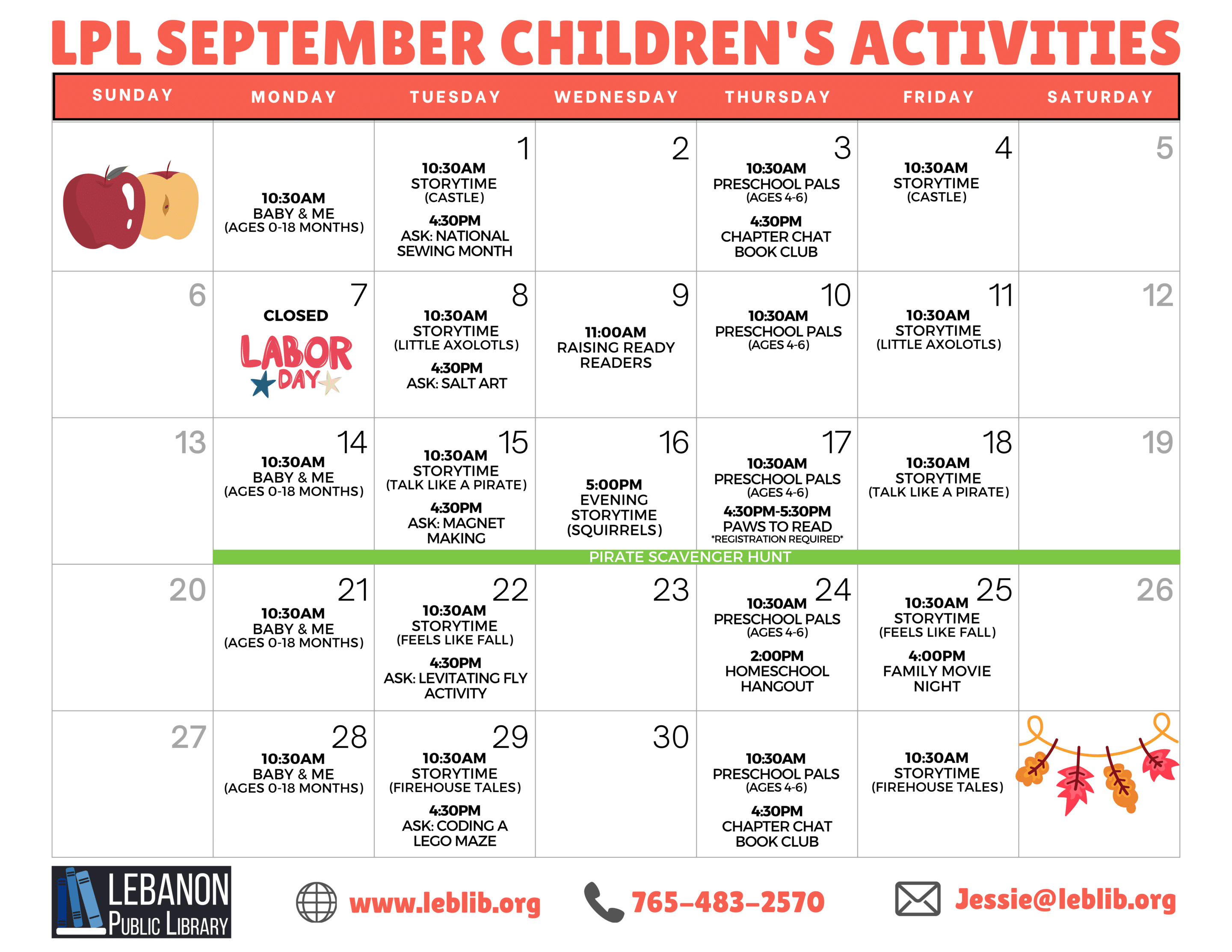 Lebanon Public Library September Children's Activities Calendar