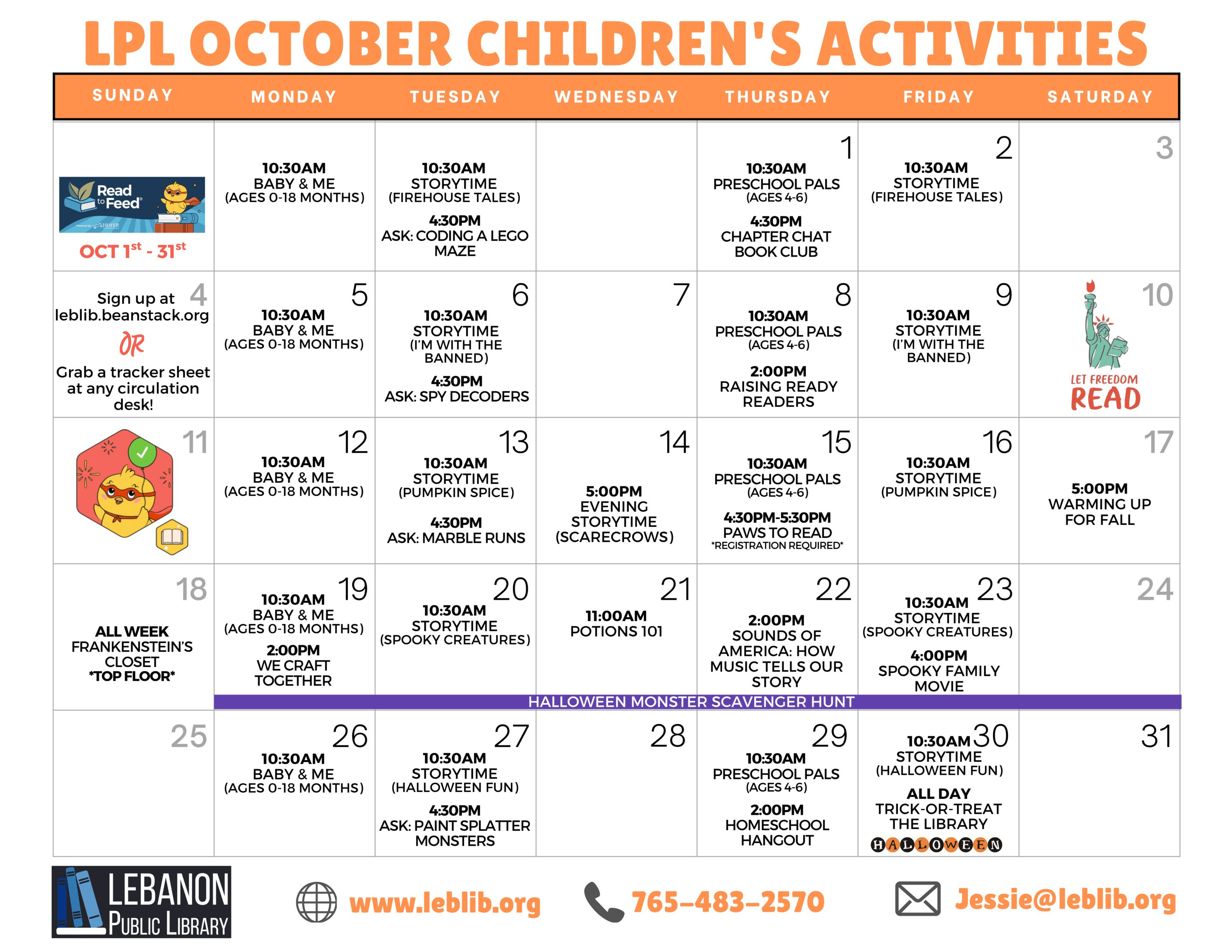 Lebanon Public Library October Children's Activities Calendar