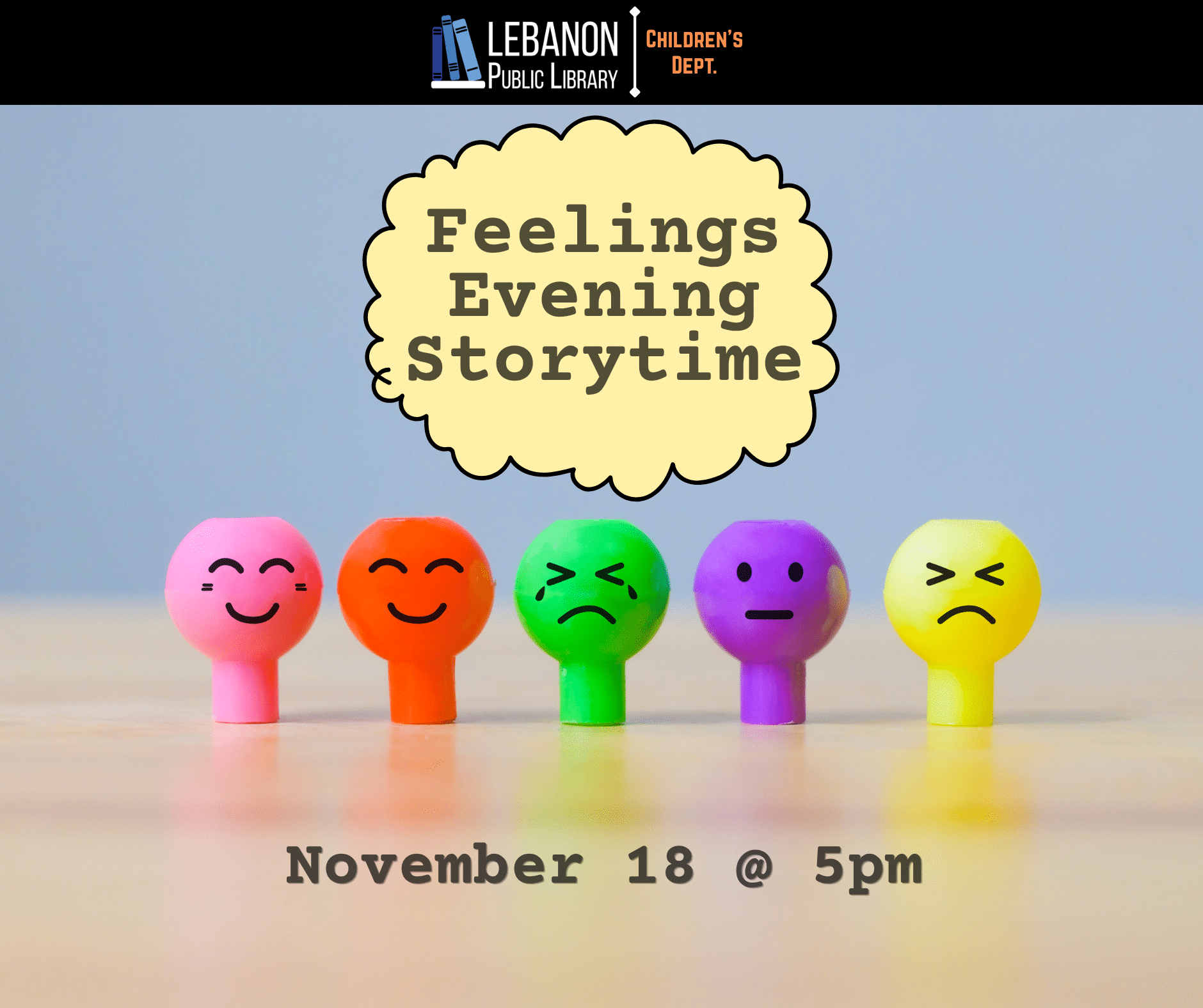 Feelings Evening Story Time; November 18 at 5pm