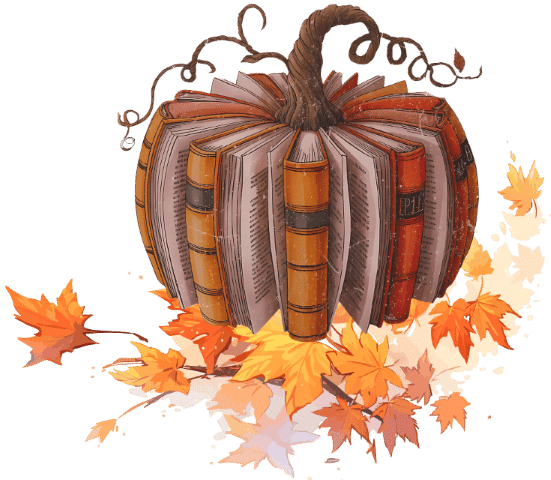 Books made into a pumpkin on fall leaves.